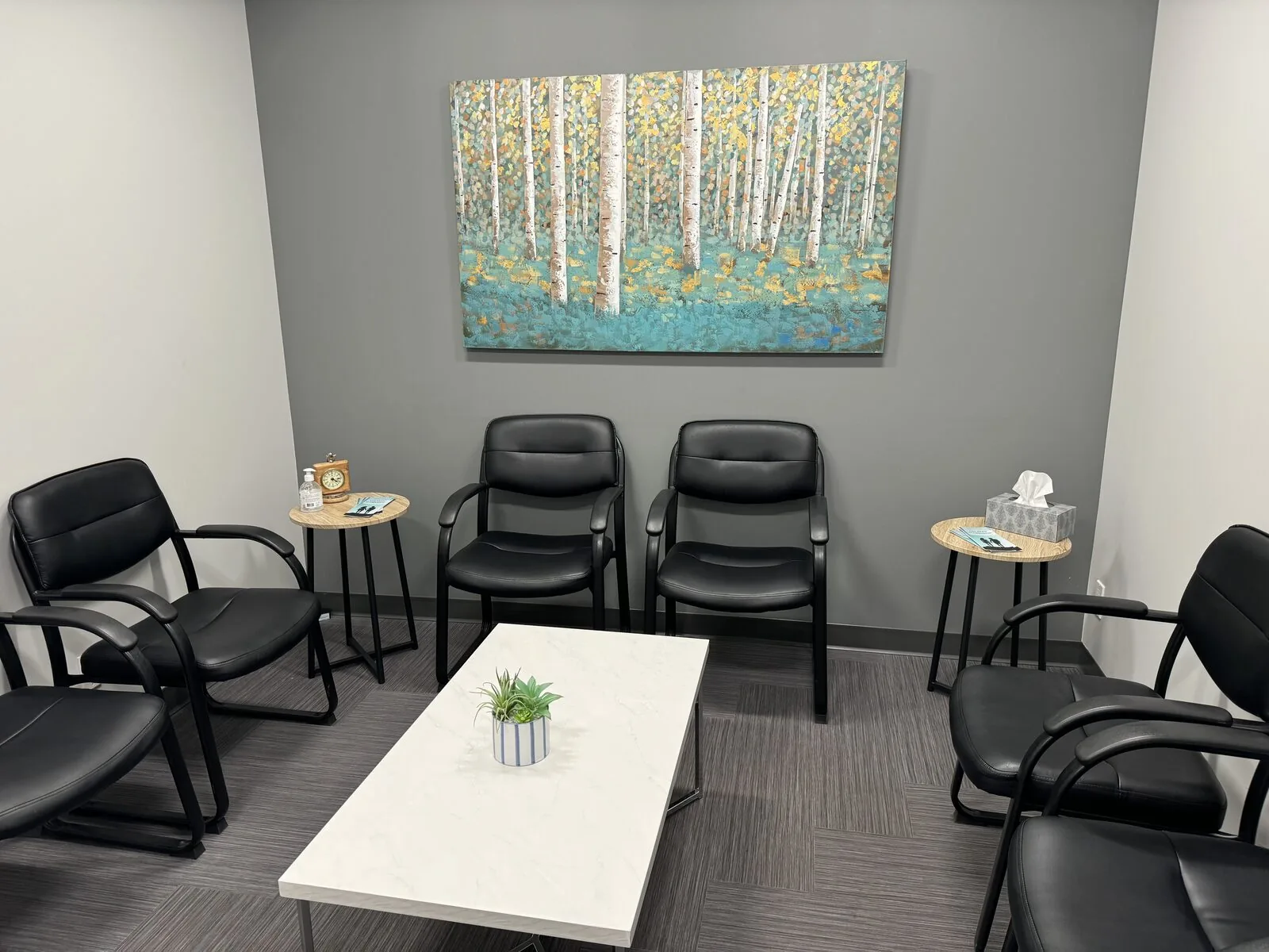 The welcoming waiting area at the Flutterby Psychology Okotoks office